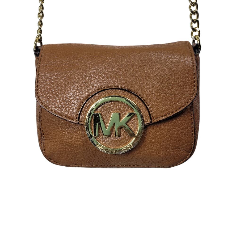 Michael Kors Fulton Cognac Pebbled Leather Small Crossbody MK Logo Chain Strap